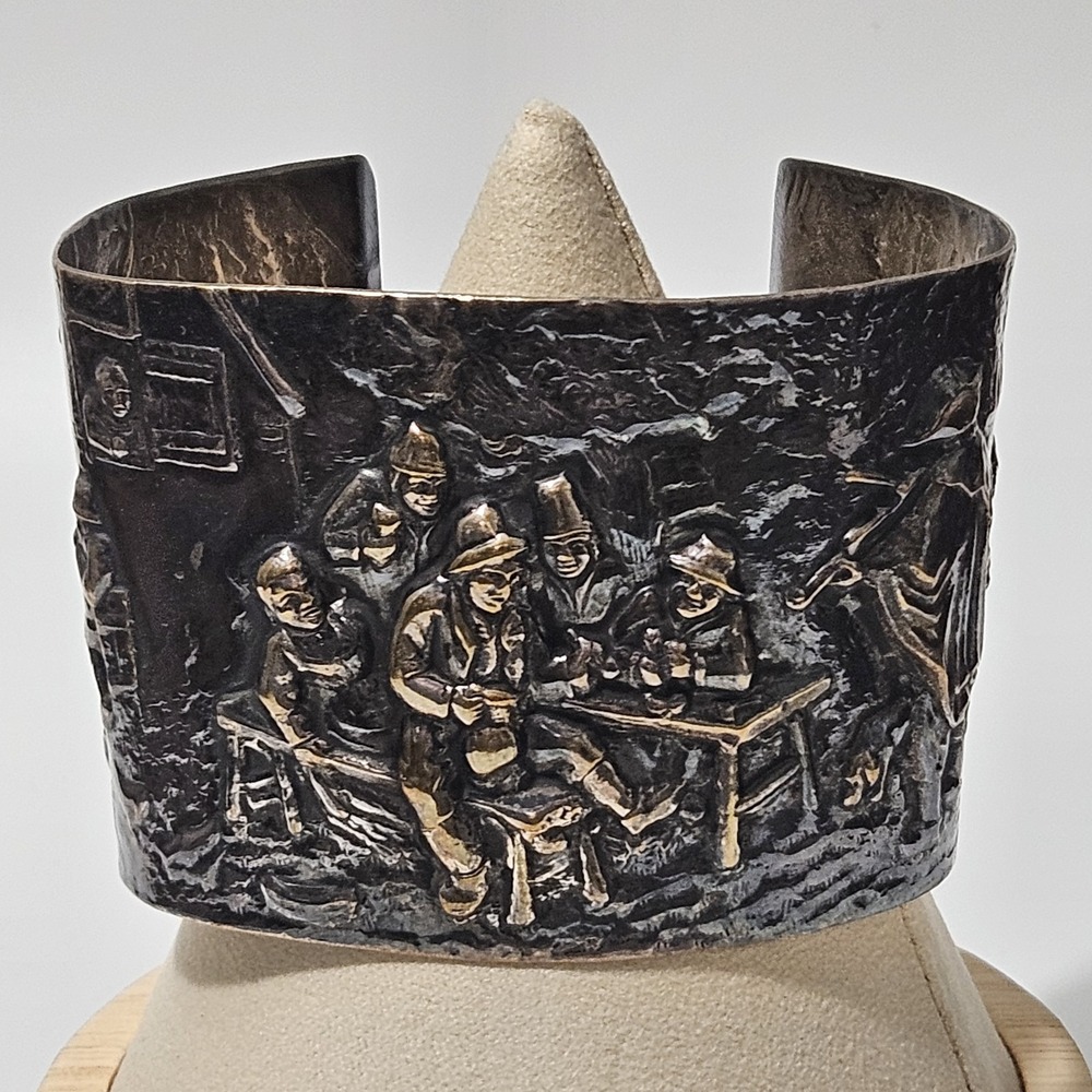 Vintage Cuff Bracelet Repousse Tavern Scene Silver Plate Marked Denmark